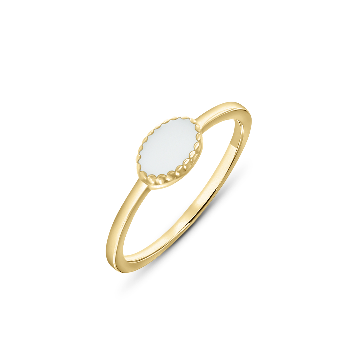 La bague Luna | Bague Lait Maternel Or de Mama Jewels présente une bande en or avec une pierre blanche ovale dans un sertissage festonné, offrant un design élégant et minimaliste.
