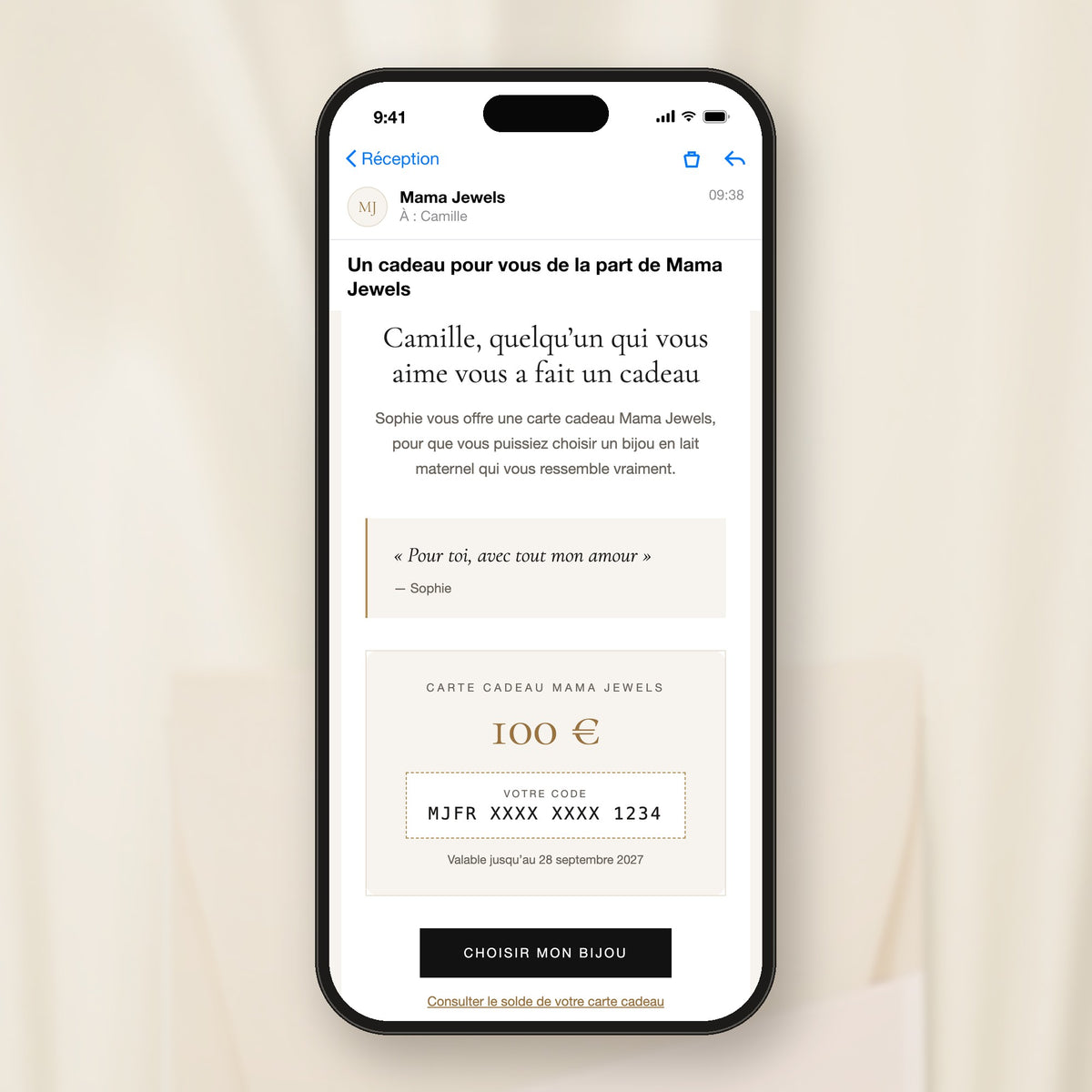 Carte cadeau Mama Jewels reçue par e-mail sur téléphone