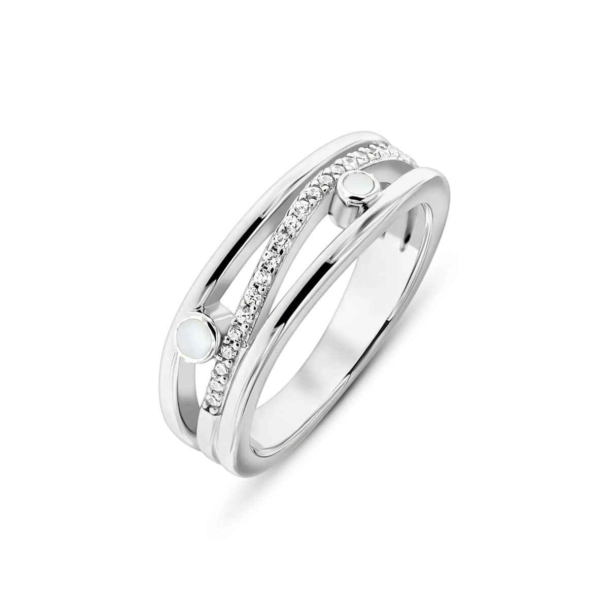Bague en lait maternel Charlotte en or blanc, rangée diagonale de petites pierres claires entre deux pierres de lait