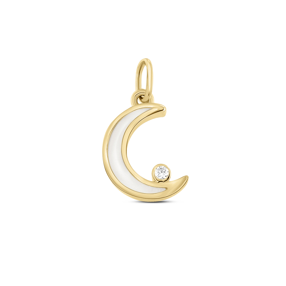 Le Pendentif Lait Maternel Or Ayla de Mama Jewels est un pendentif en forme de croissant de lune en or comportant un diamant semblable à une pierre de naissance à la base, avec une incrustation blanche lisse et une boucle pour une fixation facile de la chaîne.
