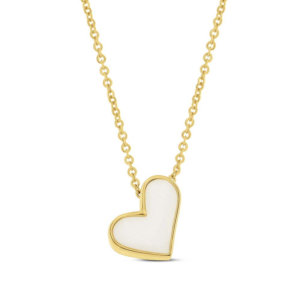 Le Louisa | Collier Lait Maternel Or de Mama Jewels est un collier en or doté dun pendentif en forme de cœur incliné vers la droite avec un centre blanc, sur fond doré doux.