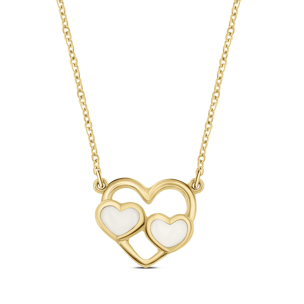 Le collier Lait Maternel Or de Mama Jewels Trinity est un collier en or doté dun pendentif avec deux cœurs entrelacés, chacun ayant un centre en forme de cœur blanc, sur un fond jaune simple pour un charme élégant et intemporel.
