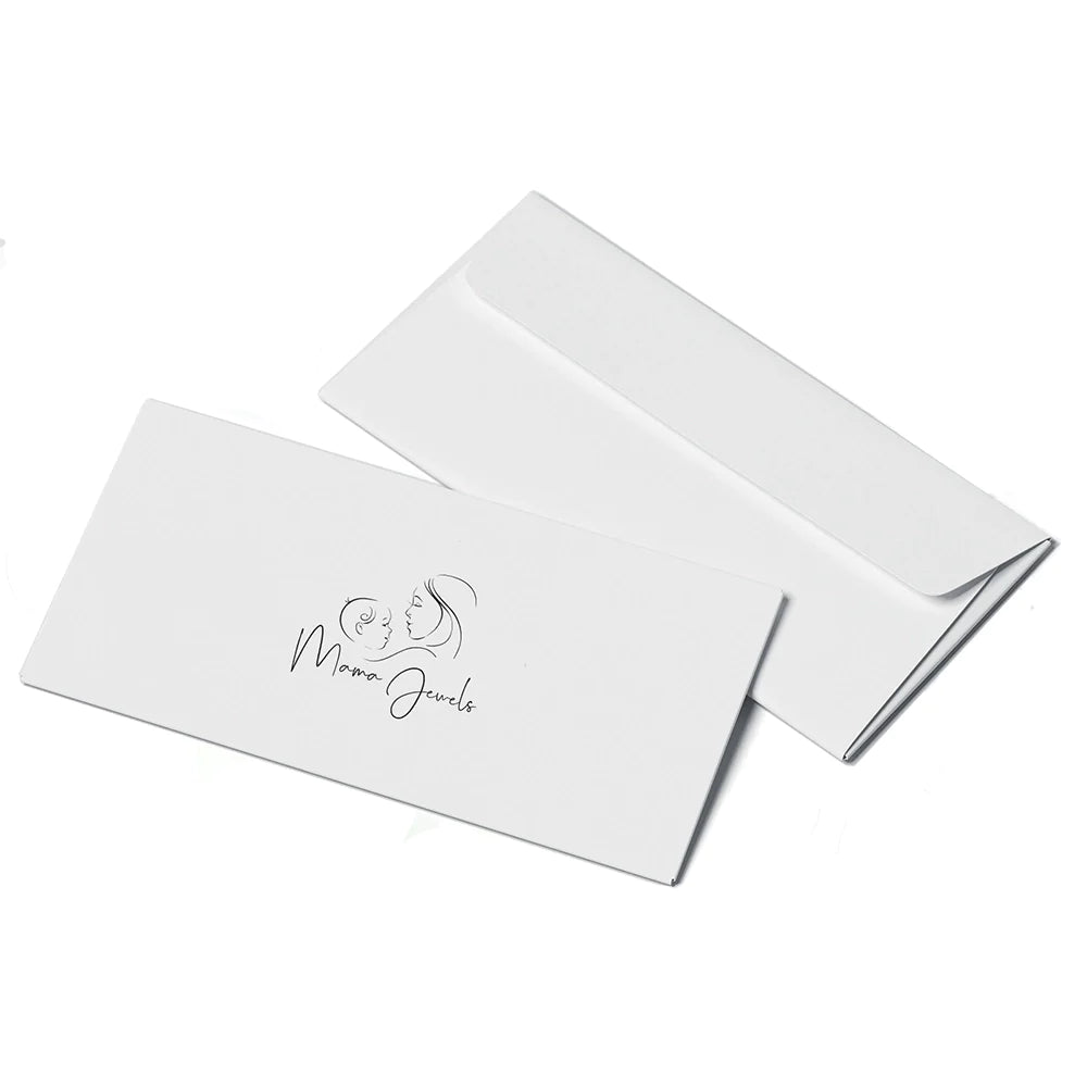 Deux enveloppes blanches, l'une ouverte, l'autre fermée. L'enveloppe fermée présente un dessin au trait simple d'une mère et de son enfant, avec les inscriptions « Mama Jewels » et « Kit d’Expédition de Lait Maternel » imprimées en dessous.