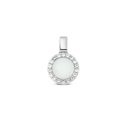 Le Mila | Pendentif Lait Maternel Argent de Mama Jewels est un pendentif en argent sterling orné d'une pierre blanche centrale, rehaussée de cristaux transparents. Personnalisez la couleur pour un souvenir unique du lait maternel.