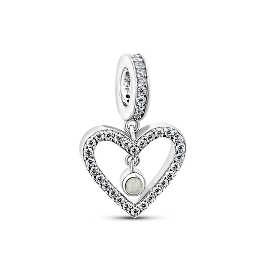 Charm Sophie en lait maternel en argent rhodié, cœur ouvert serti de zircones avec pierre suspendue