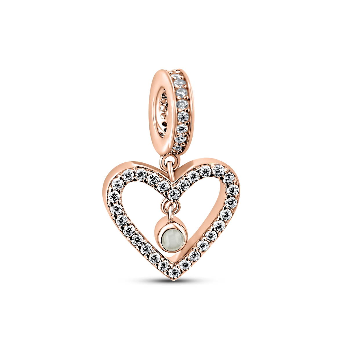 Charm Sophie en lait maternel en or rose massif, cœur ouvert serti de zircones avec pierre suspendue