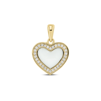 Le Demi | Pendentif Lait Maternel Or de Mama Jewels est un pendentif en forme de cœur avec un centre blanc, un cadre doré et de petites pierres précieuses. Il est doté dune boucle dorée pour attacher le collier, rehaussée dun fond noir pour un contraste élégant avec son design délicat.