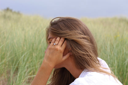 Dans un champ dherbes hautes, une femme aux longs cheveux bruns et à la chemise blanche pose sa main sur sa tête, dévoilant la bague Lina | Bague Lait Maternel Argent de Mama Jewels. Lanneau étincelant se détache sur le fond serein dun ciel couvert.