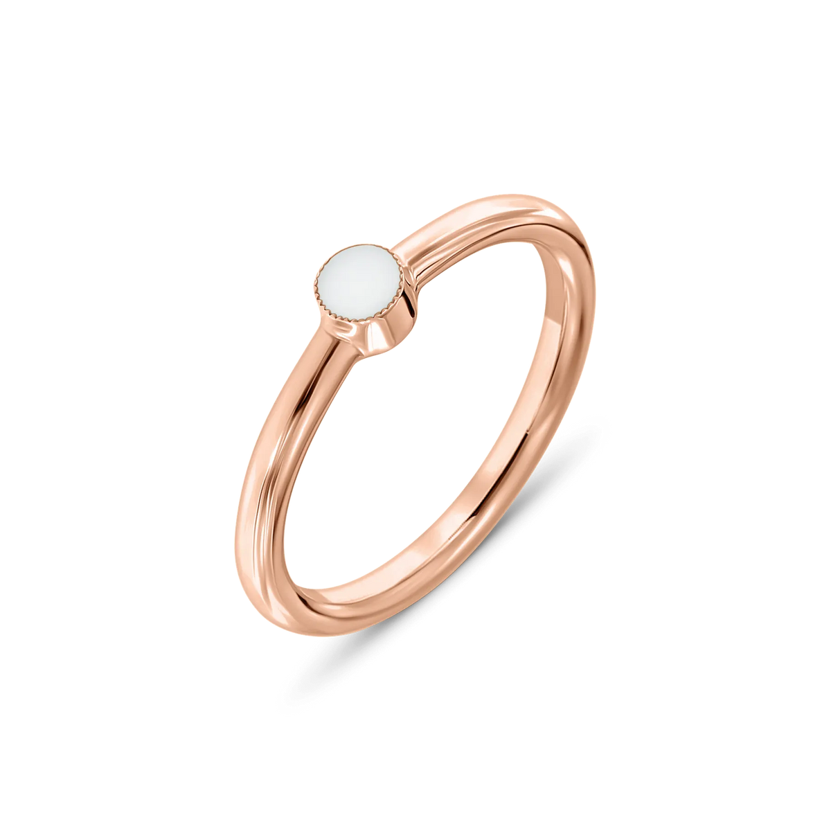Bague en lait maternel Amy en or rose, anneau fin avec une petite pierre de lait ronde au bord perlé