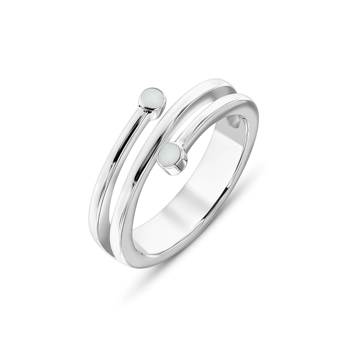 Bague Aurore en argent, anneau en spirale ouverte avec une petite pierre de lait maternel à chaque extrémité