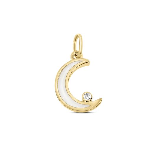 Pendentif en or jaune en forme de croissant de lune, avec une surface en résine de lait maternel et un zircon.