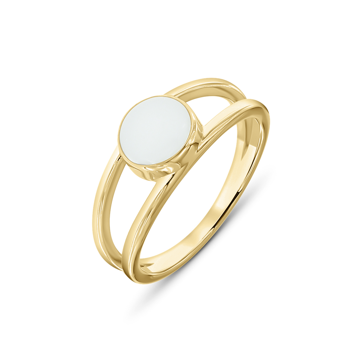Bague en lait maternel Bea en or jaune, deux joncs qui encadrent une pierre de lait ronde