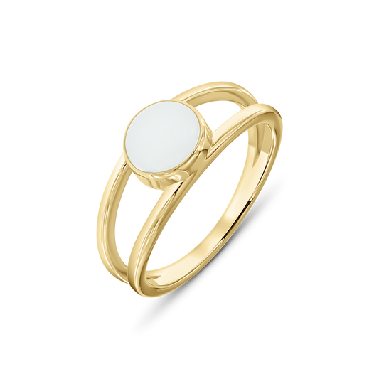 Bague en lait maternel Bea en or jaune, deux joncs qui encadrent une pierre de lait ronde