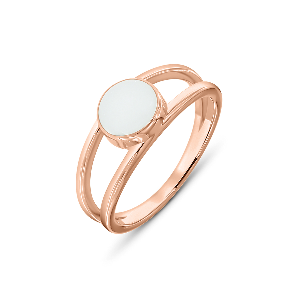 Bague en lait maternel Bea en or rose, deux joncs qui encadrent une pierre de lait ronde