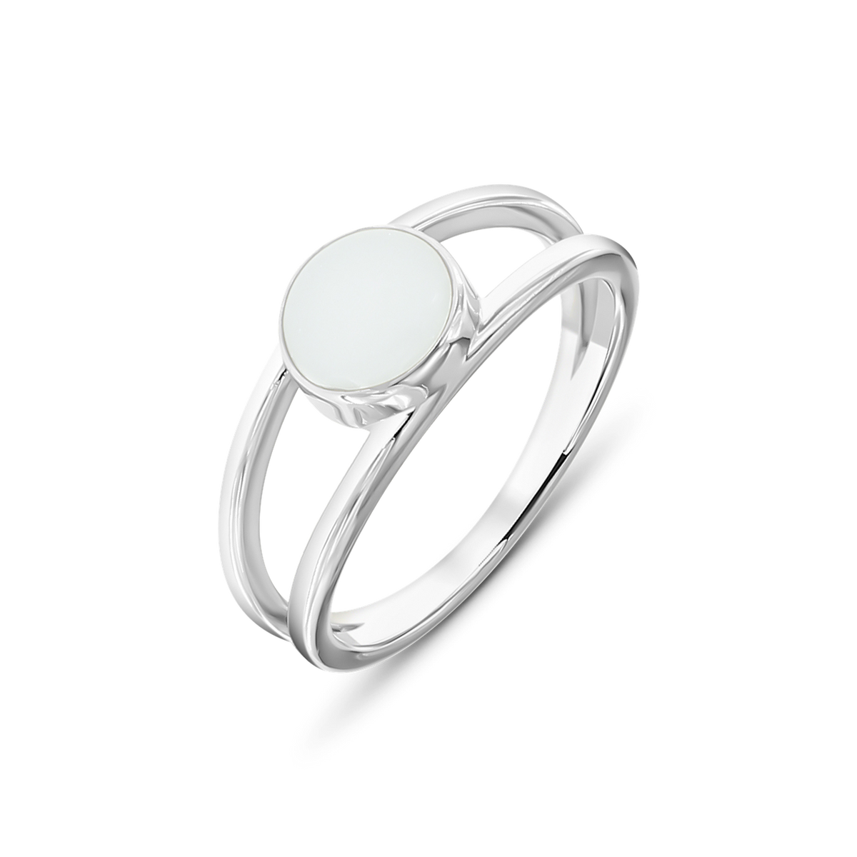 Bague en lait maternel Bea en or blanc, deux joncs qui encadrent une pierre de lait ronde