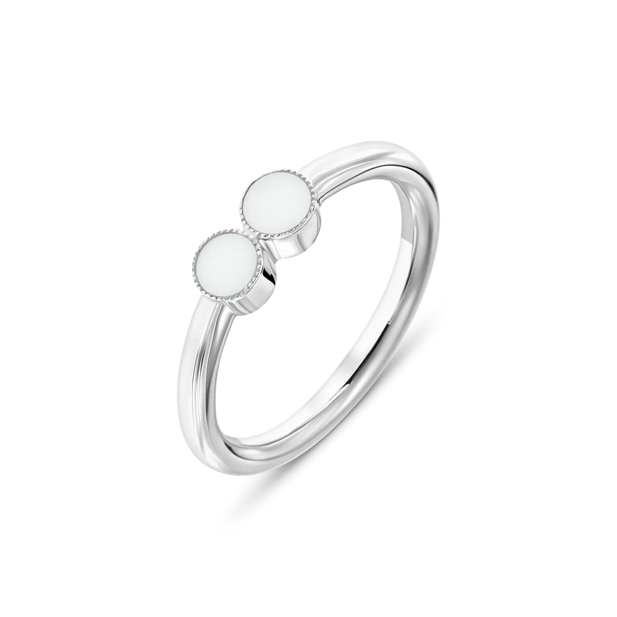 Bague en lait maternel Bo en or blanc, deux petites pierres de lait rondes côte à côte en biais