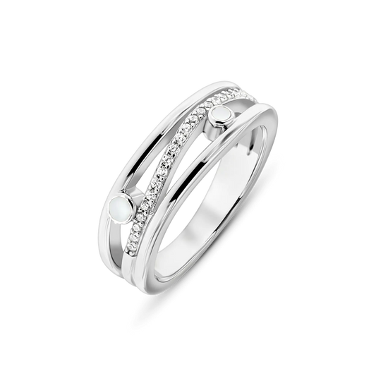 Bague en lait maternel Charlotte en argent, trois anneaux, rangée diagonale de pierres claires et deux pierres de lait