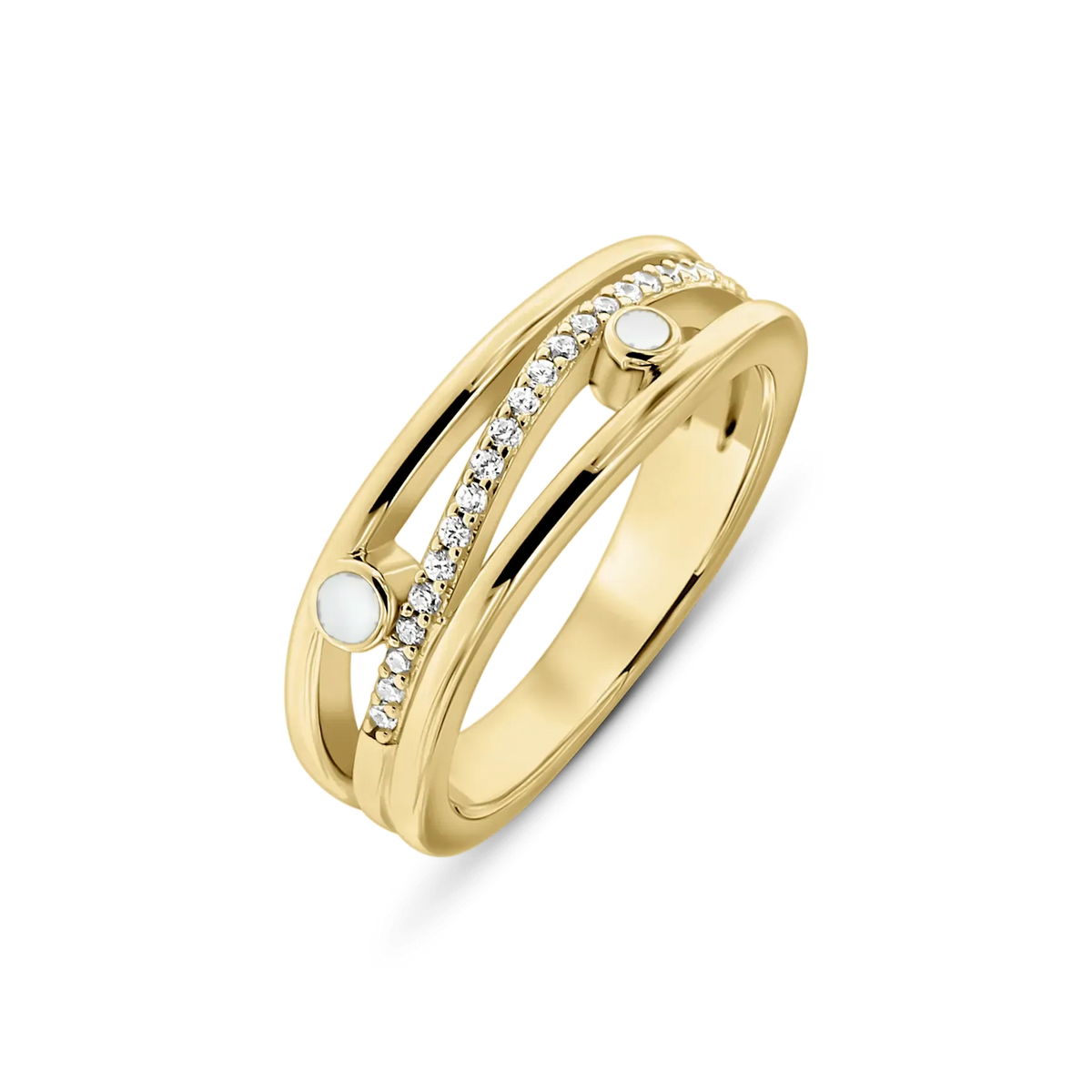 Bague en lait maternel Charlotte en or jaune, rangée diagonale de petites pierres claires entre deux pierres de lait
