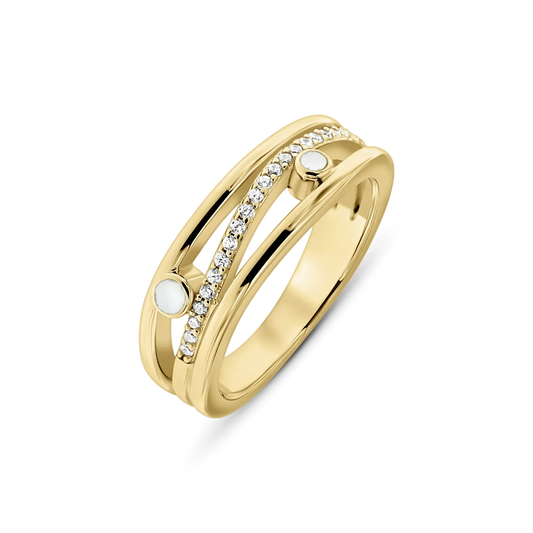 Bague en lait maternel Charlotte en or jaune, rangée diagonale de petites pierres claires entre deux pierres de lait