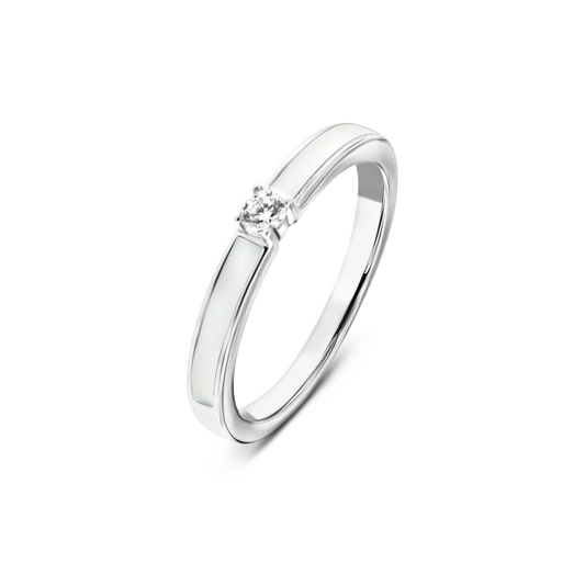 Bague en argent 925 avec une surface en résine de lait maternel et un zircon central, design élégant et moderne.