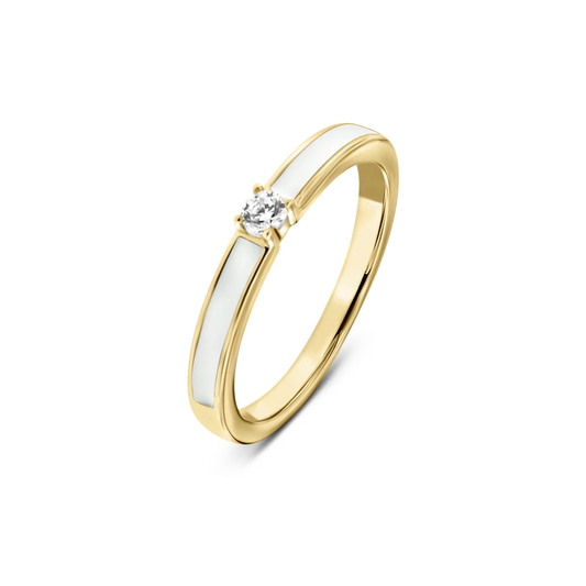 Bague en or jaune avec une bande de résine contenant du lait maternel et un zircon central.