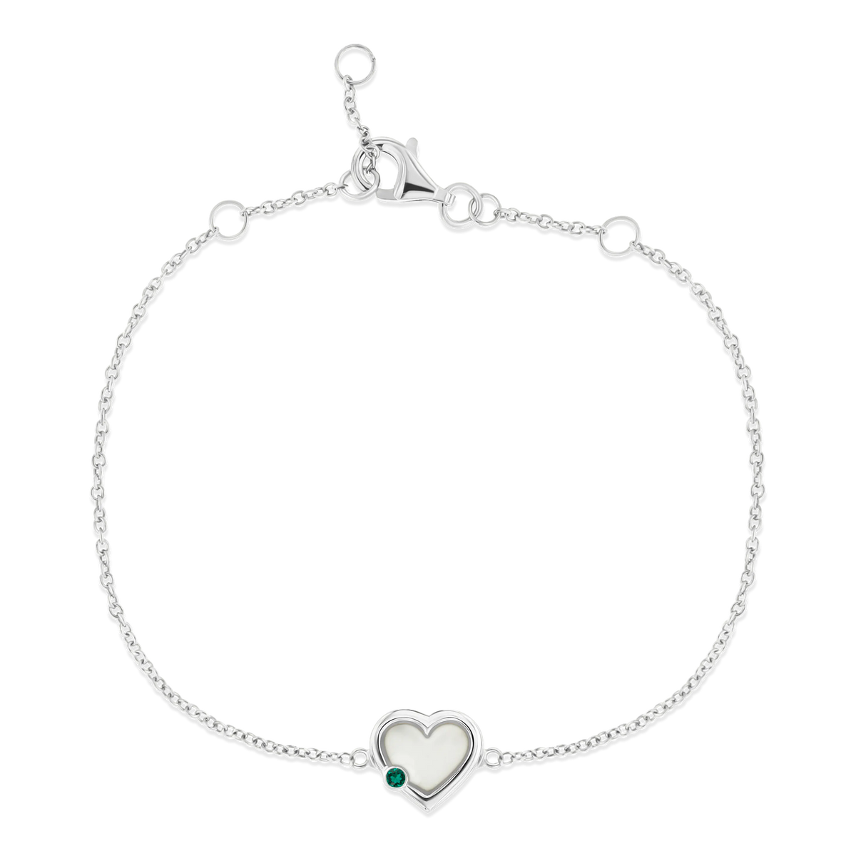 Bracelet Esmée en argent, cœur de lait maternel avec pierre de naissance émeraude (mai) sur le bord
