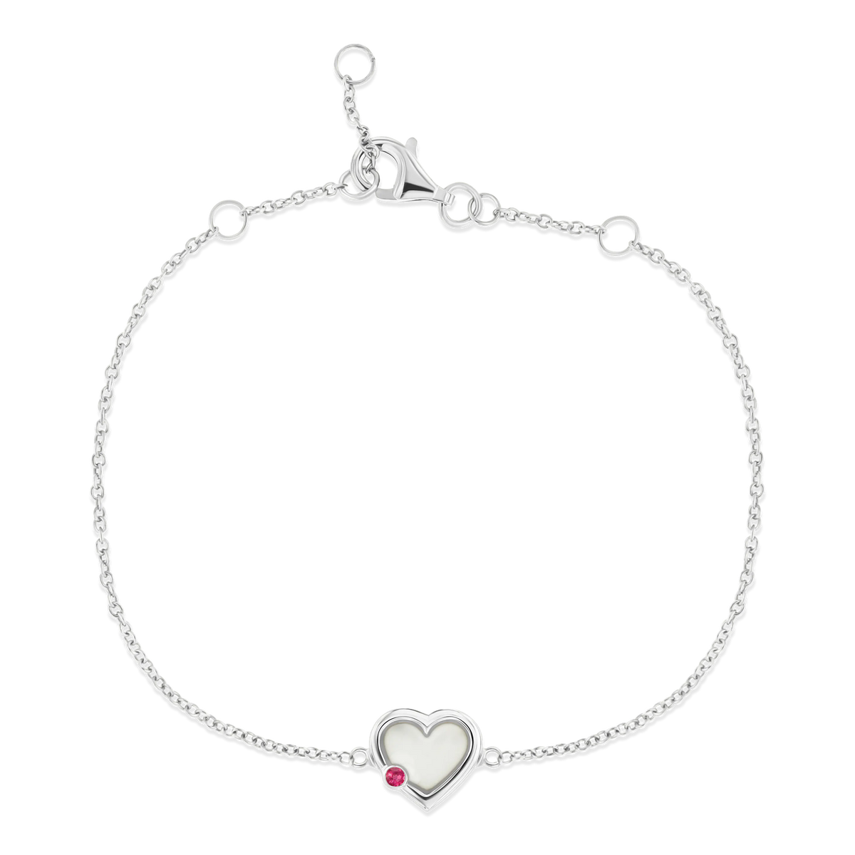 Bracelet Esmée en argent, cœur de lait maternel avec pierre de naissance rubis (juillet) sur le bord
