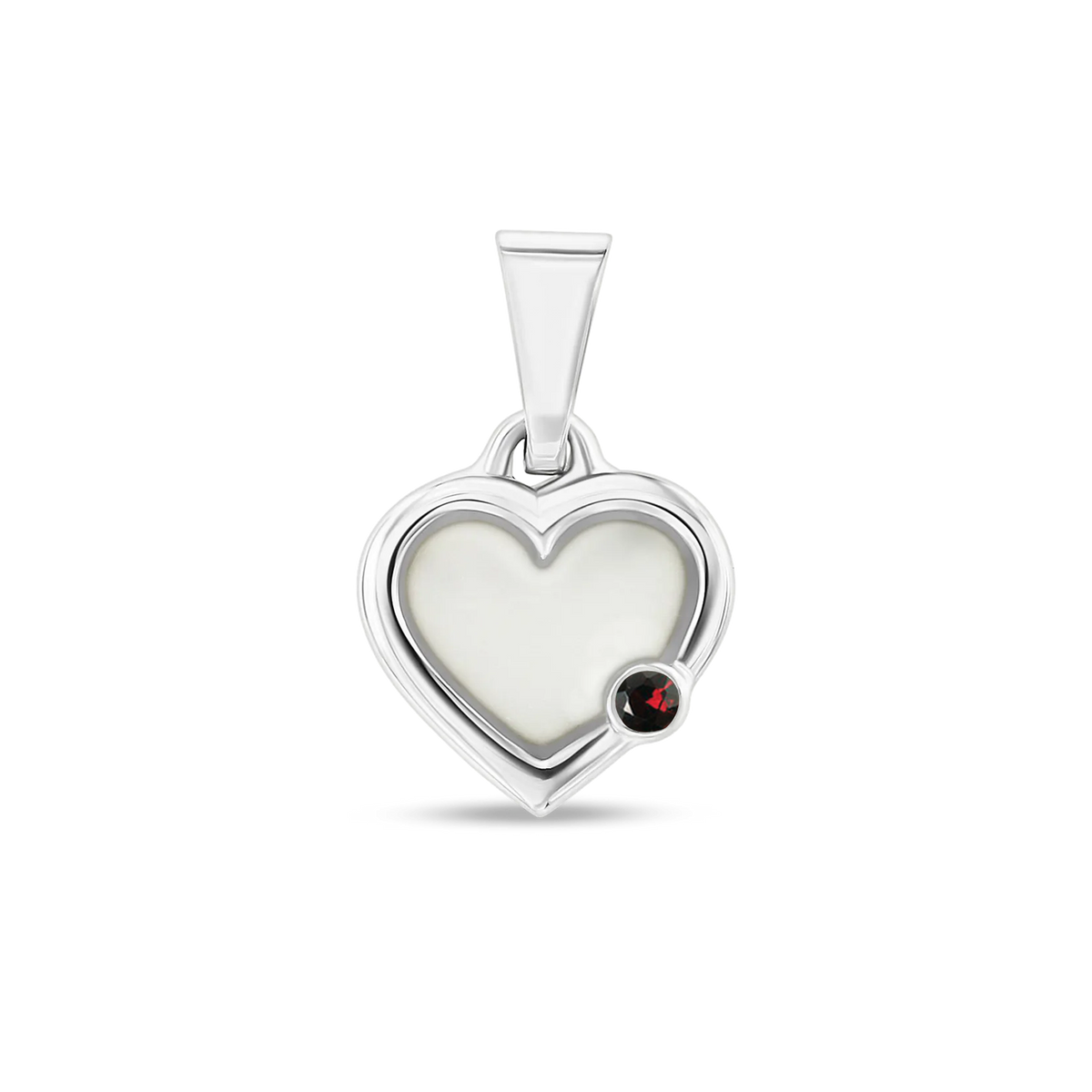 Pendentif cœur Esmée en argent rempli de lait maternel, avec un grenat en bas à droite