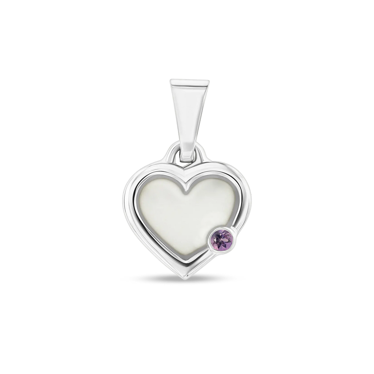 Pendentif cœur Esmée en argent rempli de lait maternel, avec une améthyste en bas à droite