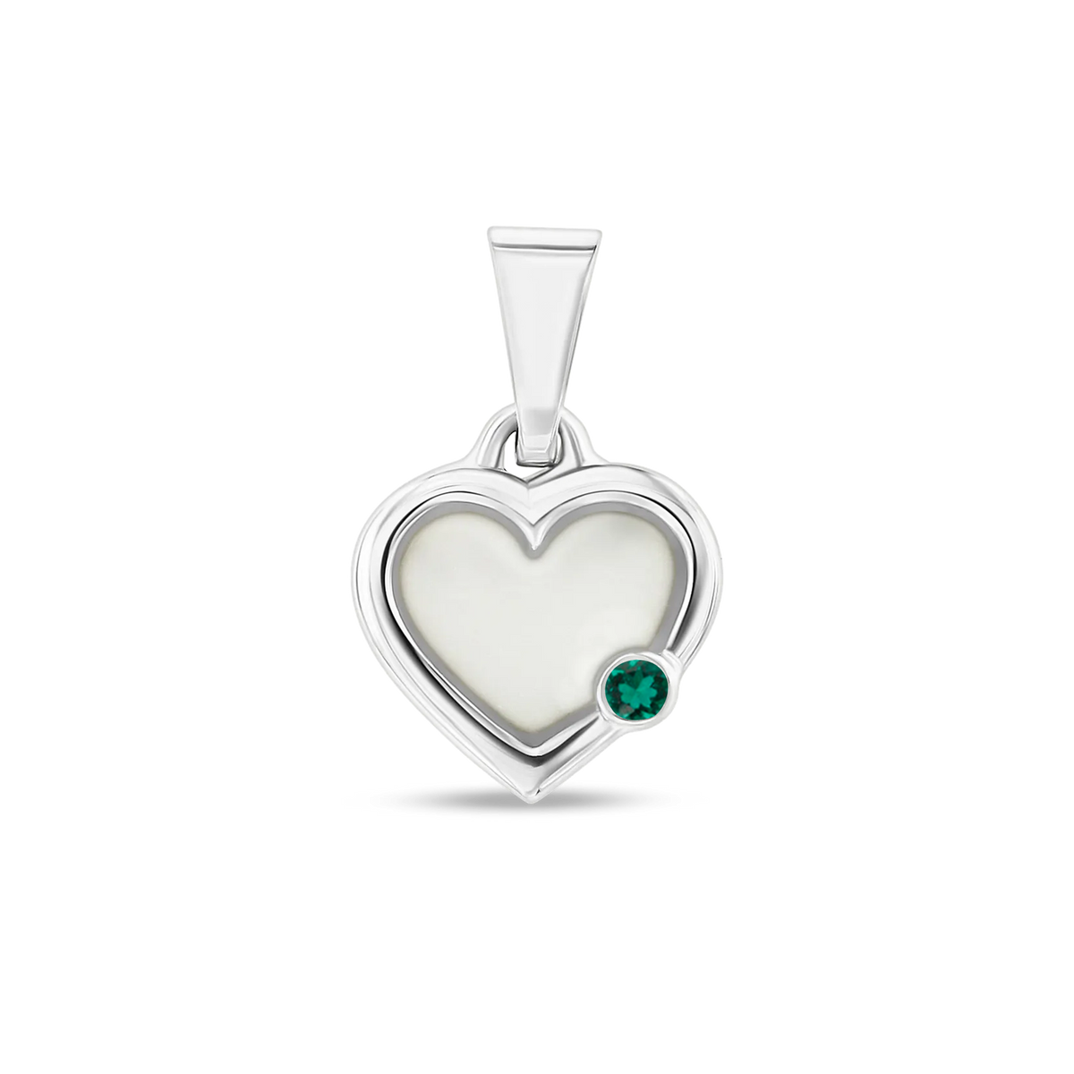 Pendentif cœur Esmée en argent rempli de lait maternel, avec une émeraude en bas à droite