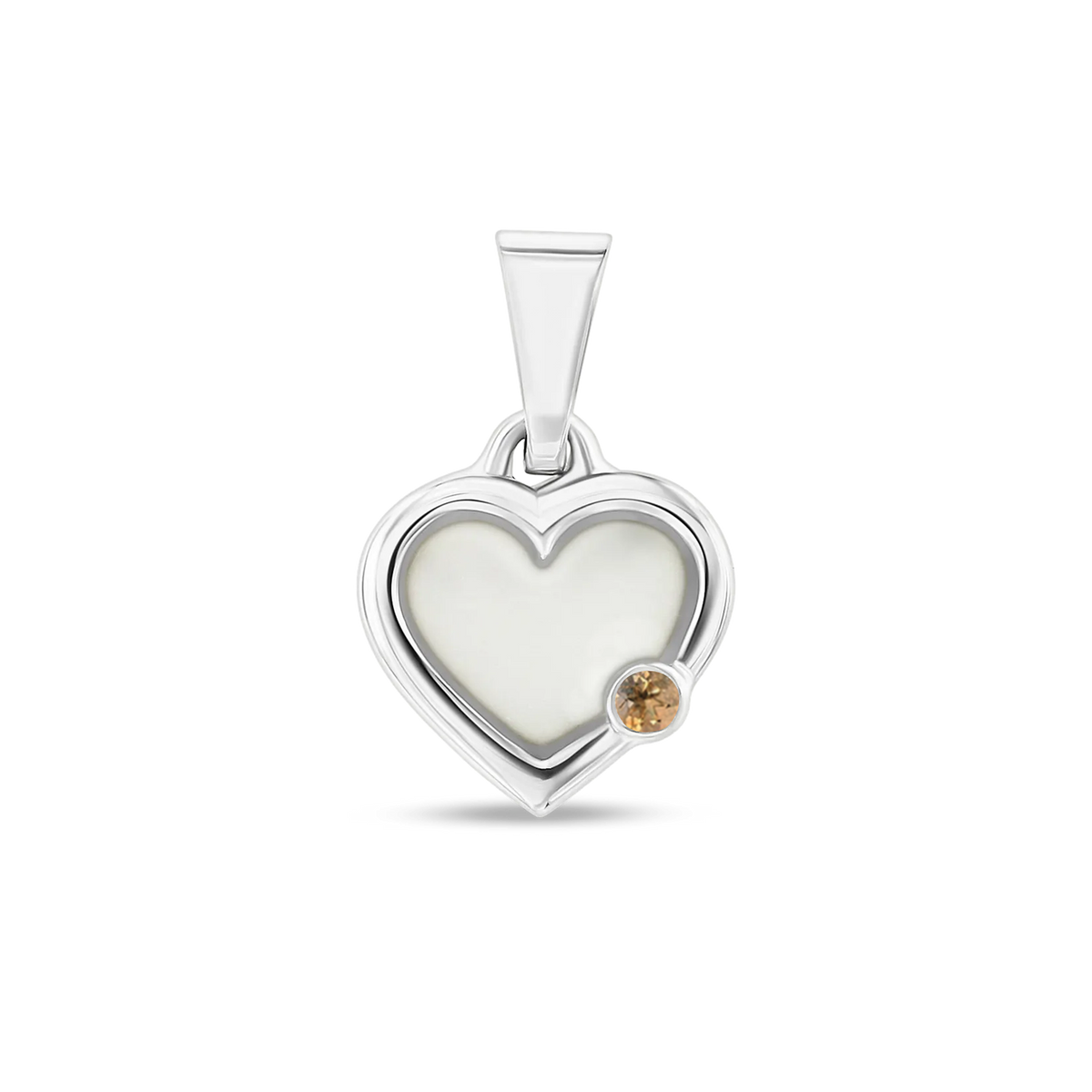 Pendentif cœur Esmée en argent rempli de lait maternel, avec une citrine en bas à droite