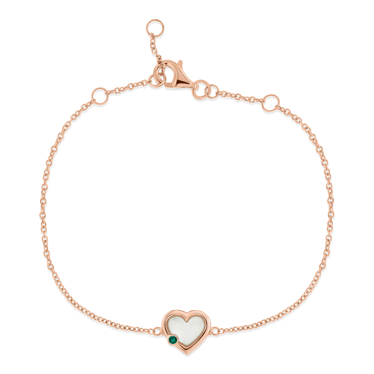 Bracelet en or rose avec un pendentif en forme de cœur en résine de lait maternel et une pierre de naissance verte.