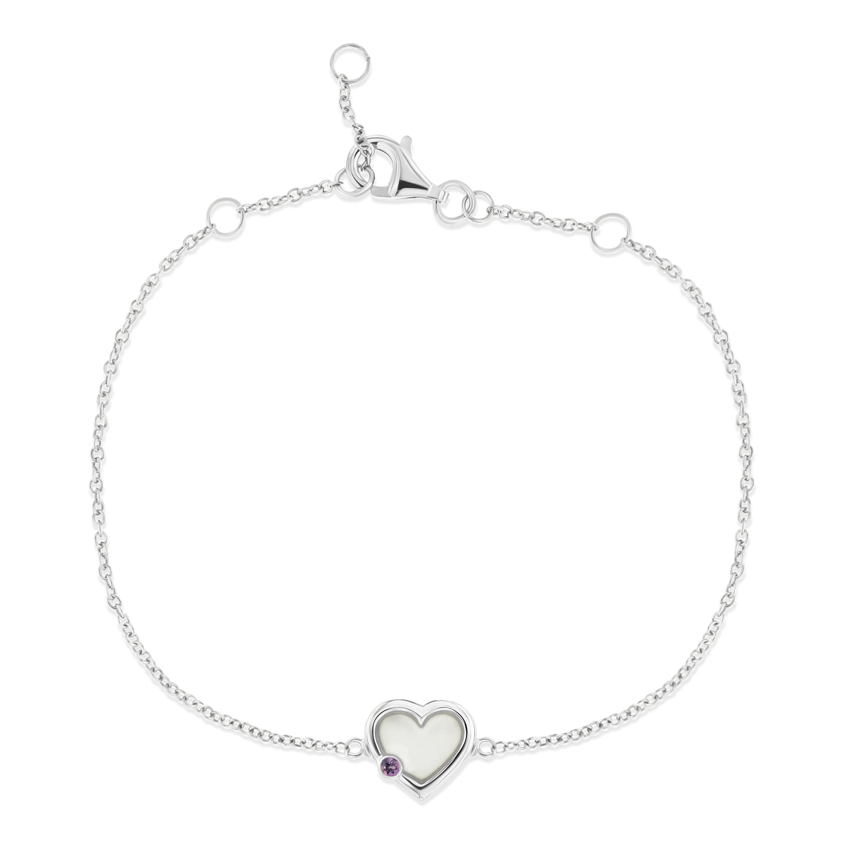 Bracelet en or blanc avec un pendentif en forme de cœur contenant de la résine de lait maternel et une pierre de naissance.