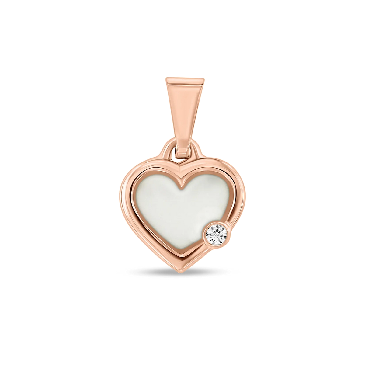 Pendentif cœur Esmée en or rose rempli de lait maternel, avec un petit zircon clair en bas à droite