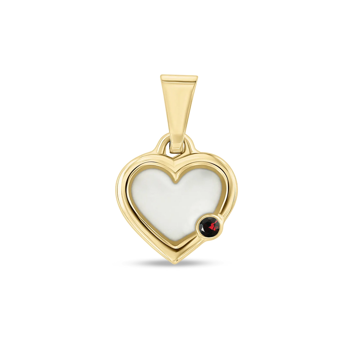 Pendentif cœur Esmée en or jaune rempli de lait maternel, avec un grenat en bas à droite