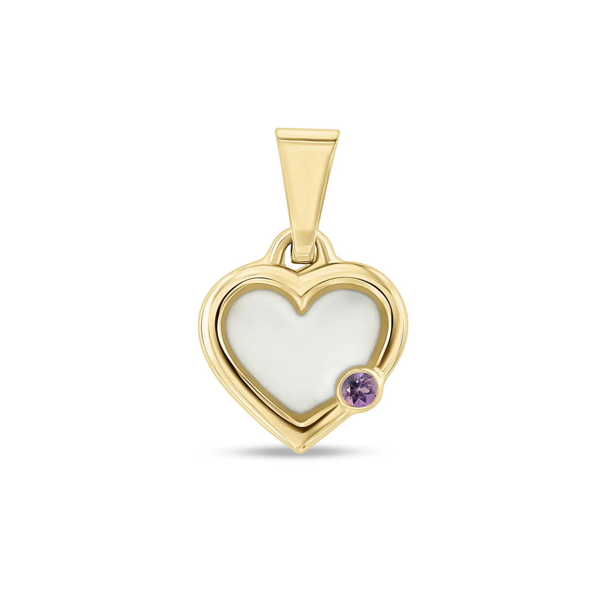 Pendentif cœur Esmée en or jaune rempli de lait maternel, avec une améthyste en bas à droite