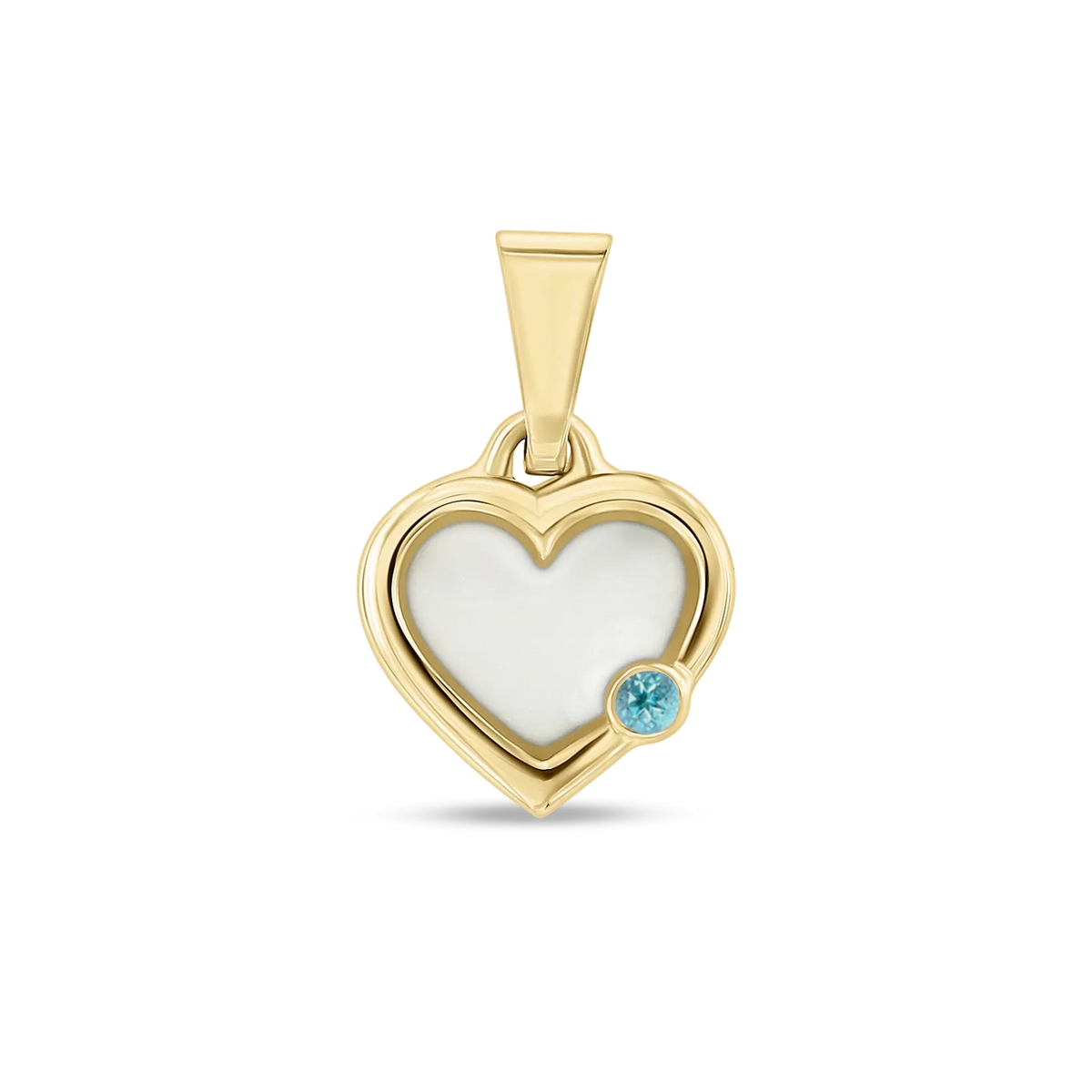 Pendentif cœur Esmée en or jaune rempli de lait maternel, avec une aigue-marine en bas à droite