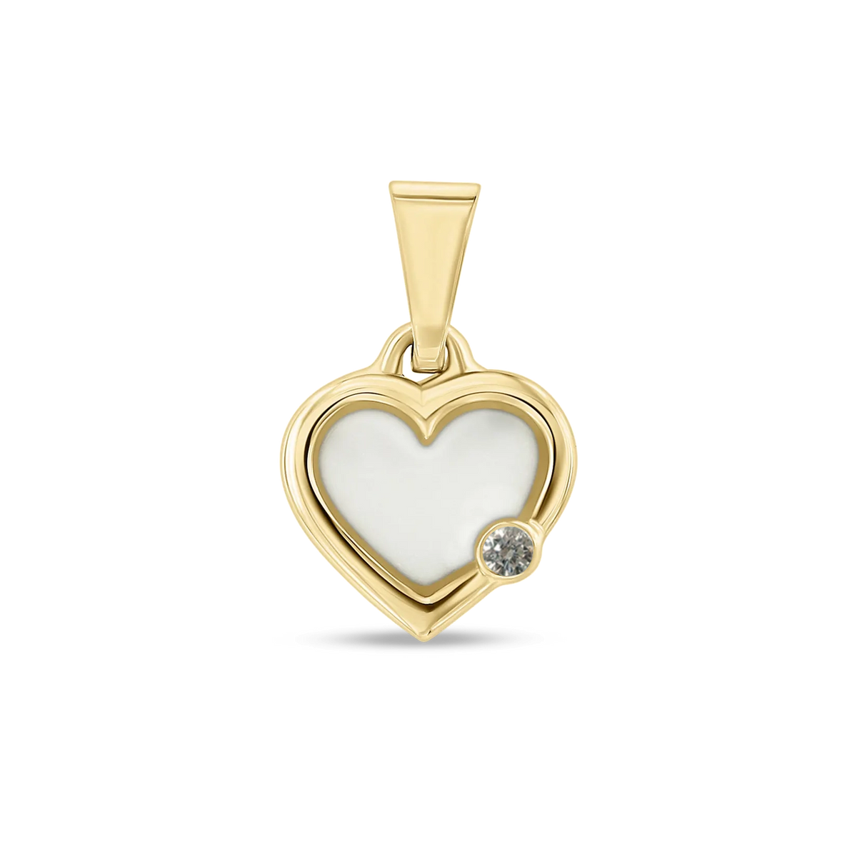 Pendentif cœur Esmée en or jaune rempli de lait maternel, avec un diamant de laboratoire en bas à droite