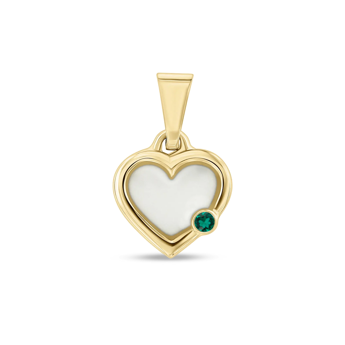 Pendentif cœur Esmée en or jaune rempli de lait maternel, avec une émeraude en bas à droite