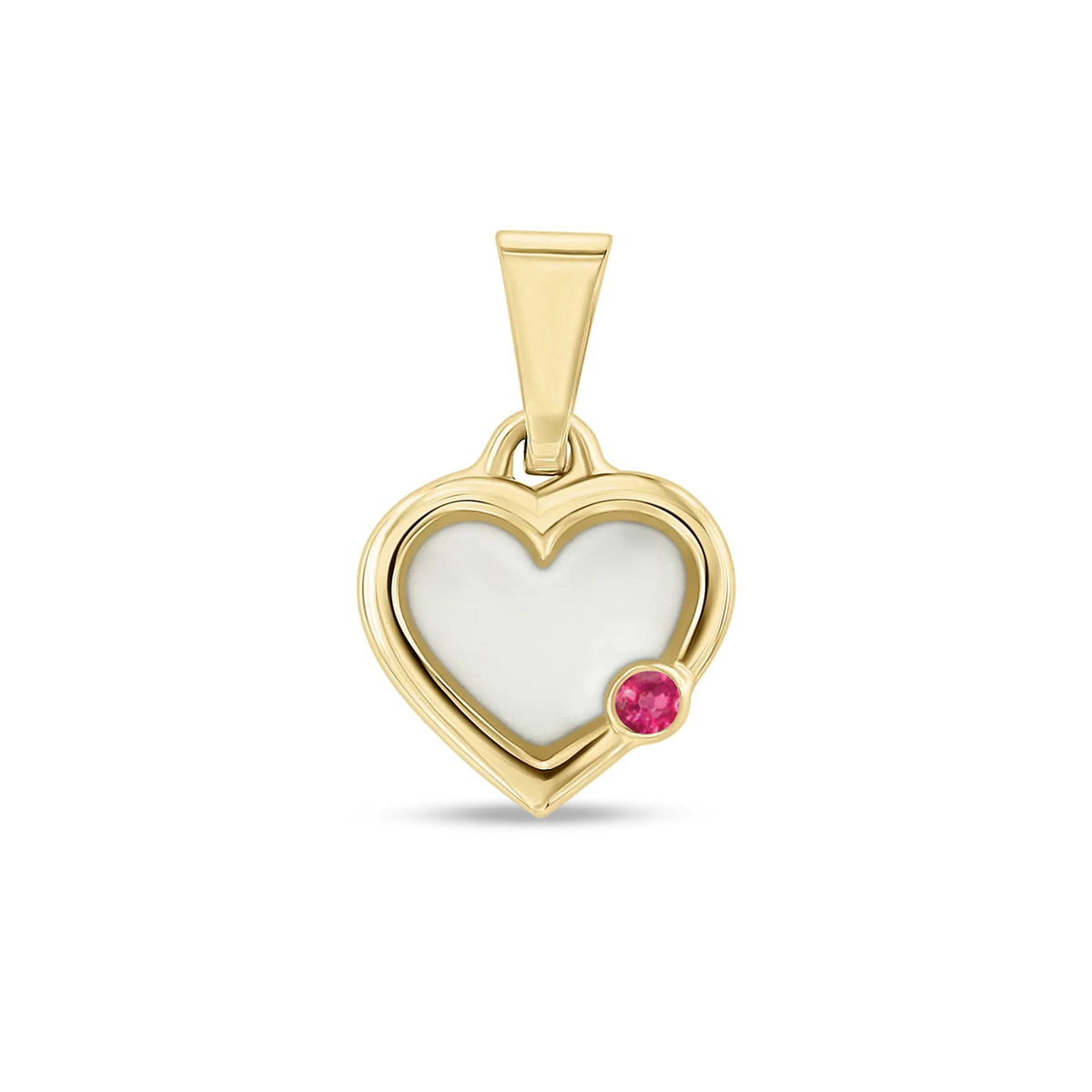 Pendentif cœur Esmée en or jaune rempli de lait maternel, avec un rubis en bas à droite