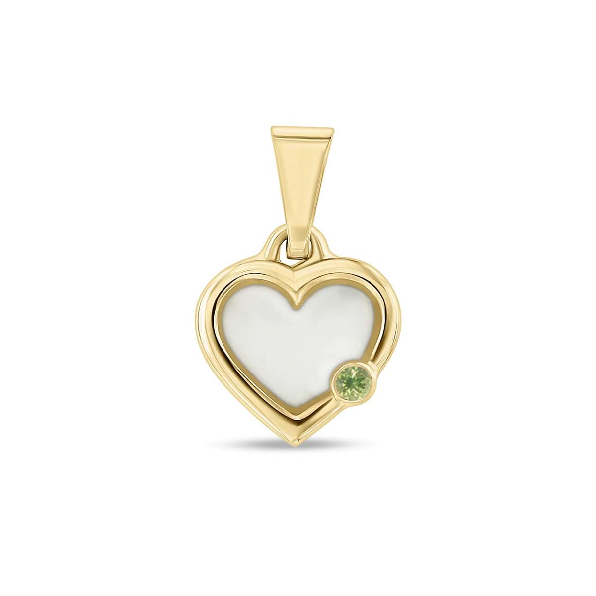 Pendentif cœur Esmée en or jaune rempli de lait maternel, avec un péridot en bas à droite