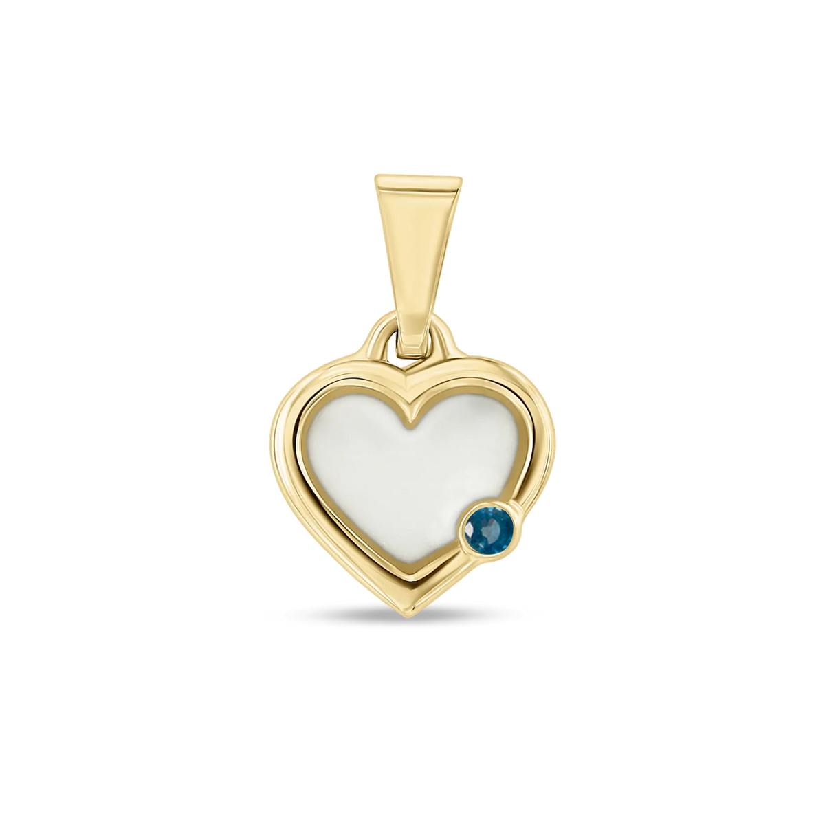 Pendentif cœur Esmée en or jaune rempli de lait maternel, avec un saphir en bas à droite