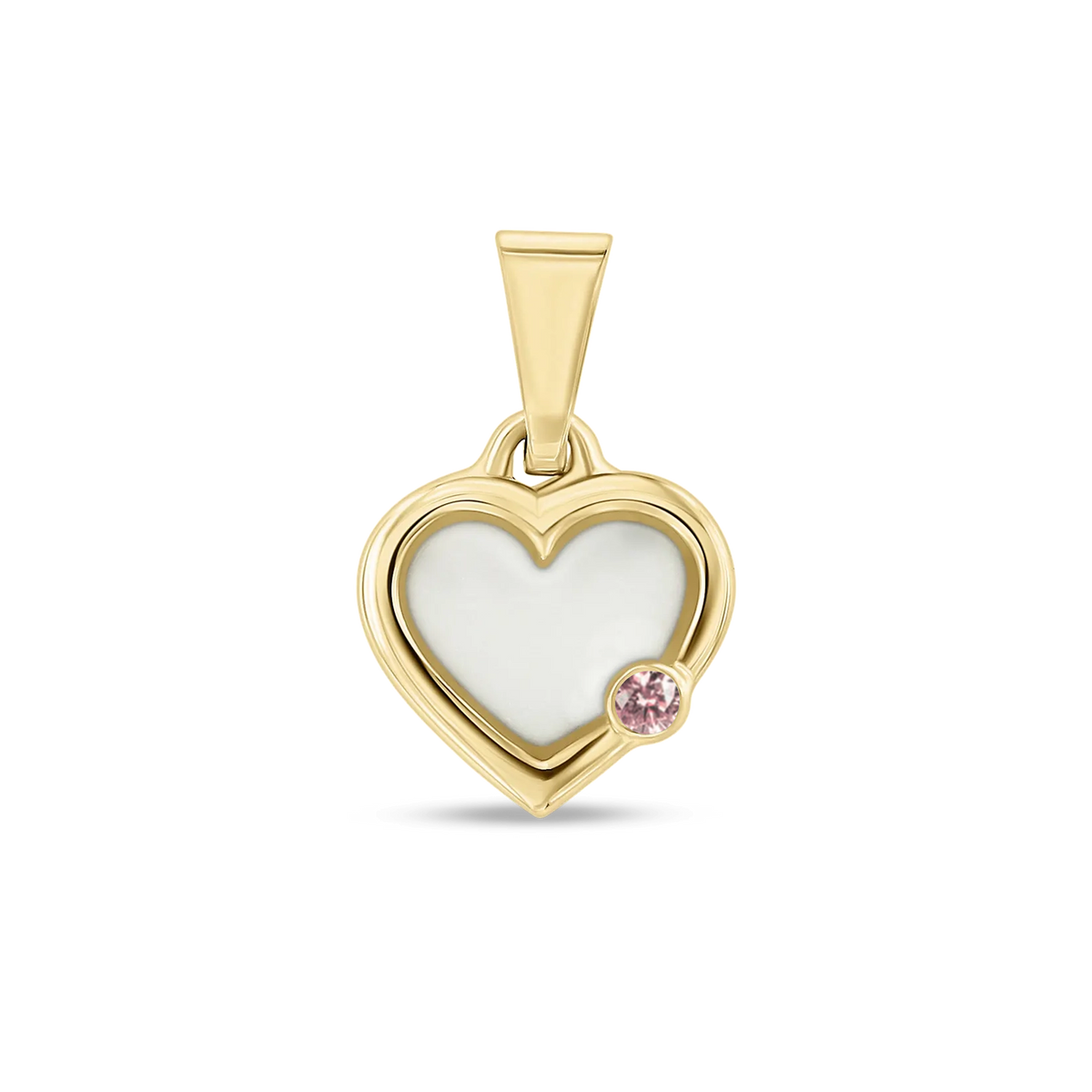Pendentif cœur Esmée en or jaune rempli de lait maternel, avec une morganite en bas à droite