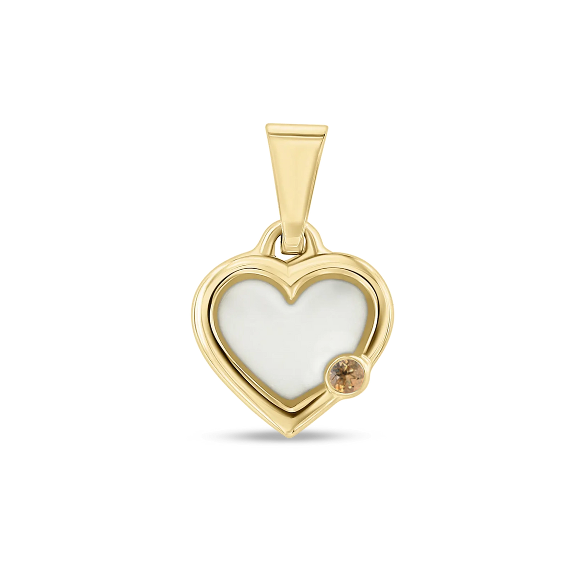 Pendentif cœur Esmée en or jaune rempli de lait maternel, avec une citrine en bas à droite