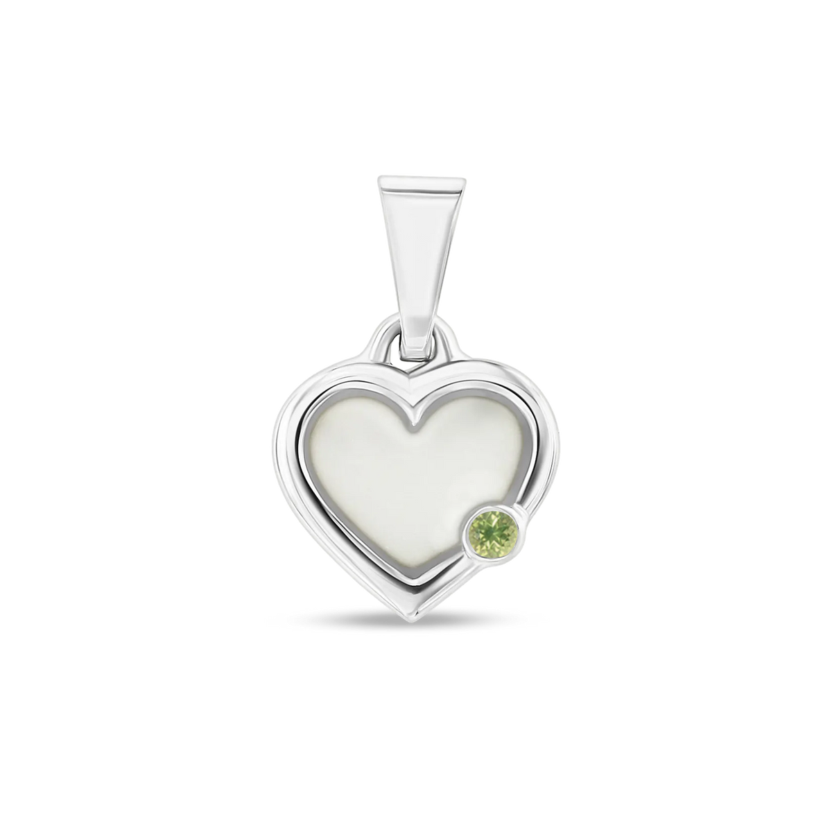 Pendentif cœur Esmée en or blanc rempli de lait maternel, avec un péridot en bas à droite