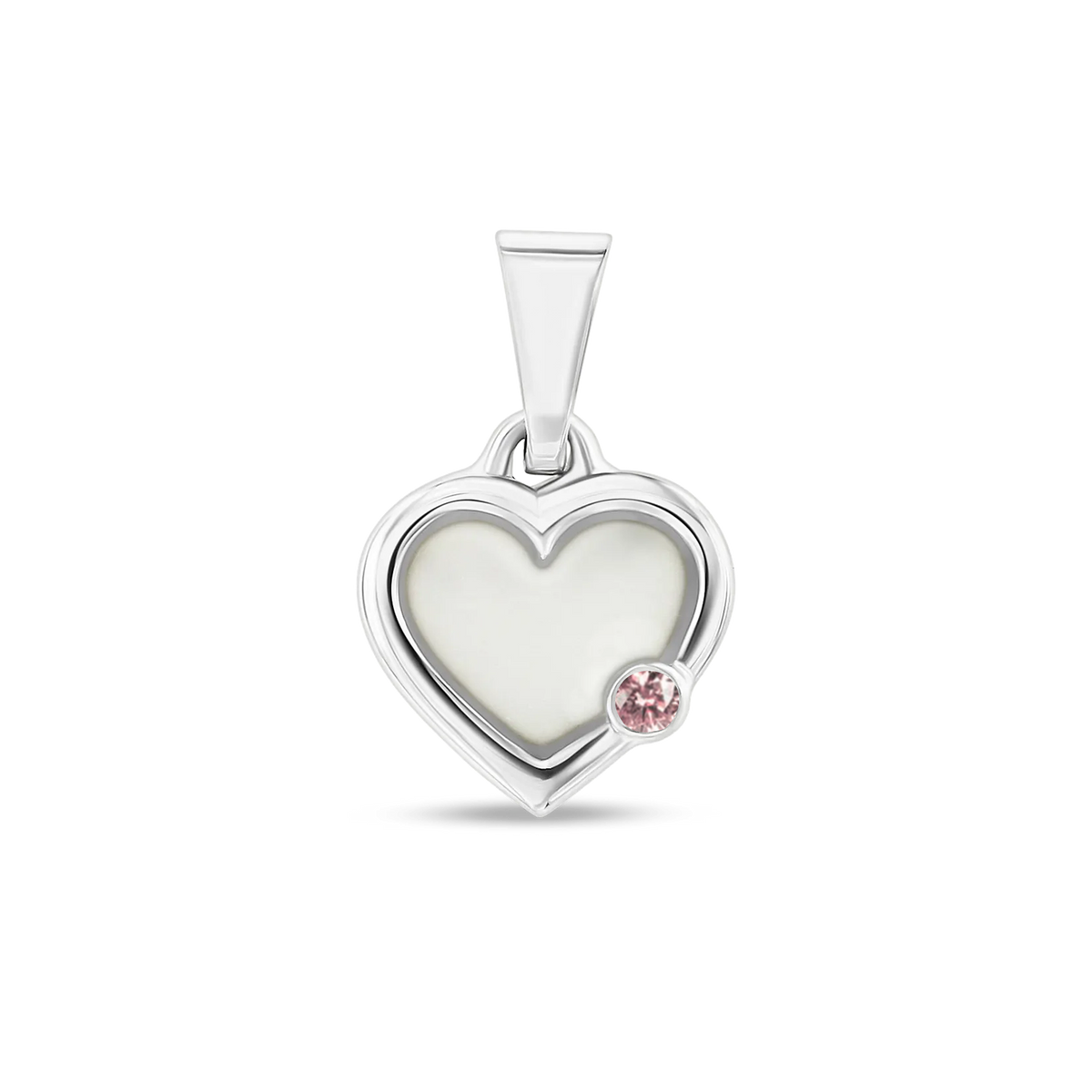 Pendentif cœur Esmée en or blanc rempli de lait maternel, avec une morganite en bas à droite