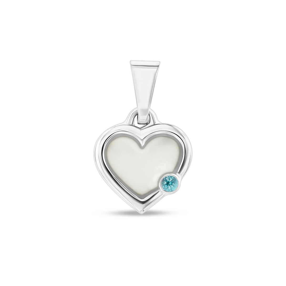 Pendentif cœur Esmée en or blanc rempli de lait maternel, avec une topaze bleue en bas à droite