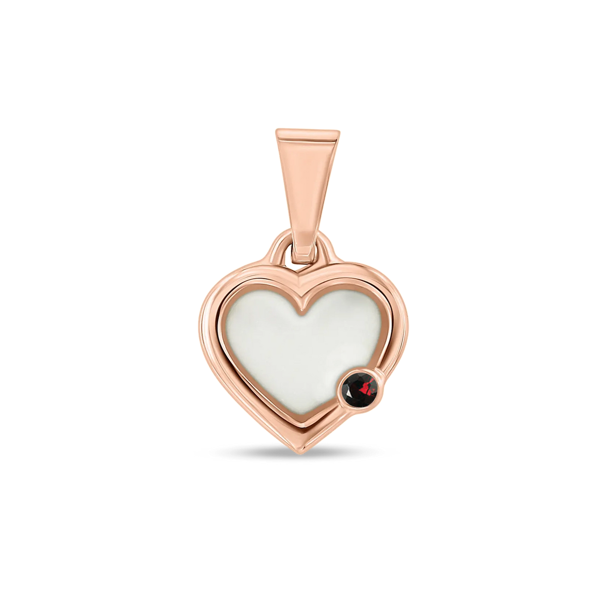 Pendentif cœur Esmée en or rose rempli de lait maternel, avec un grenat en bas à droite