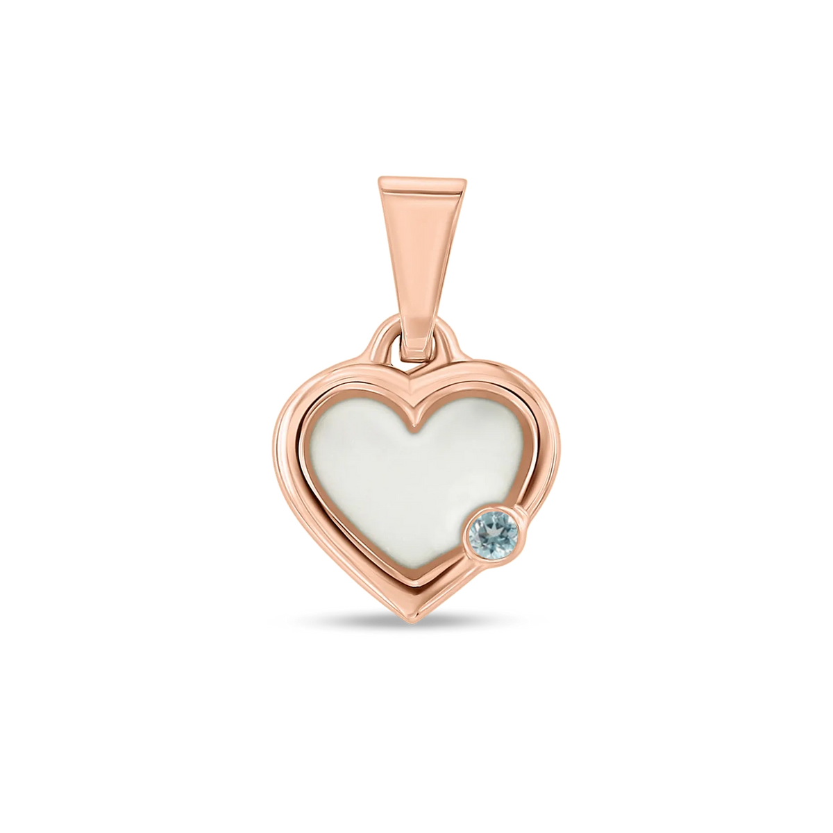 Pendentif cœur Esmée en or rose rempli de lait maternel, avec une aigue-marine en bas à droite