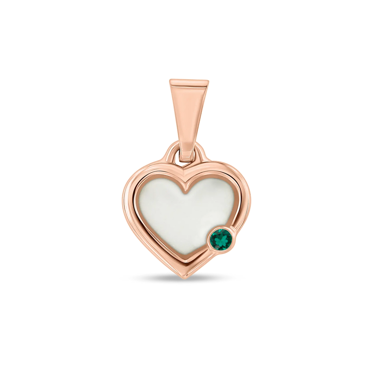 Pendentif cœur Esmée en or rose rempli de lait maternel, avec une émeraude en bas à droite